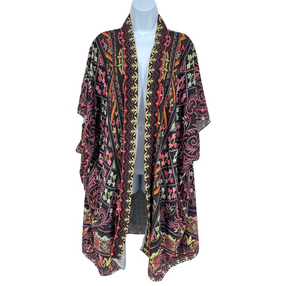 HEMANT & NANDITA Tops - Hemant & Nandita Kimono Cardigan Topper 2x 3x Black Floral Boho Resort Coverup